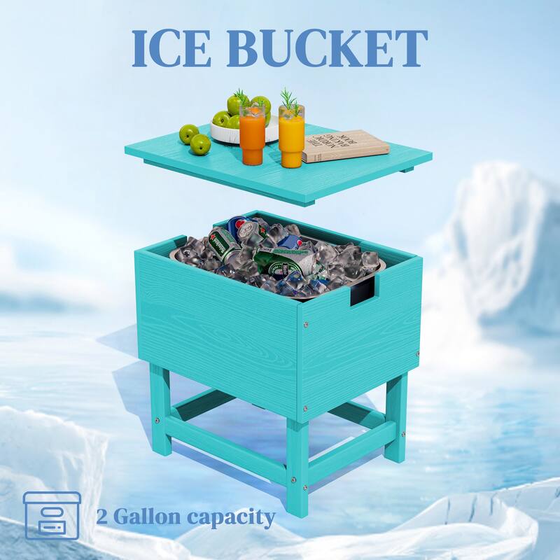 Outdoor Patio Weather Resistant HDPE Coffee & Side Table, Build-in Stainless Steel Cooler Bucket