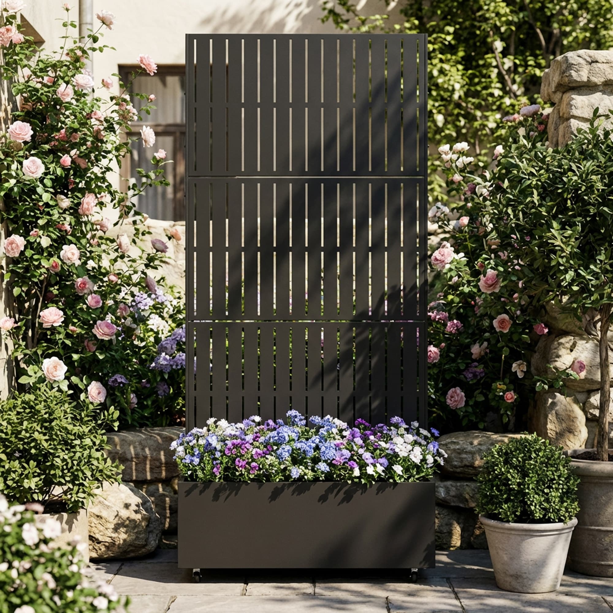 Outdoor Trellis Metal Privacy Fence Screen with Planter Box