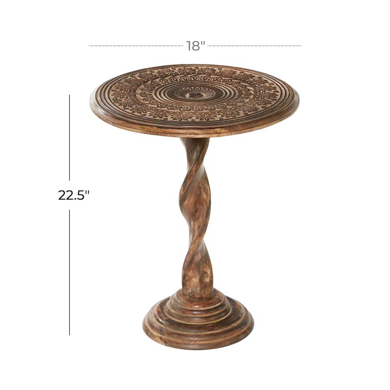 Mango Wood Floral Handmade Intricately Carved Accent Table with Spiral Leg and Elevated Base - Brown - Roche River Decor