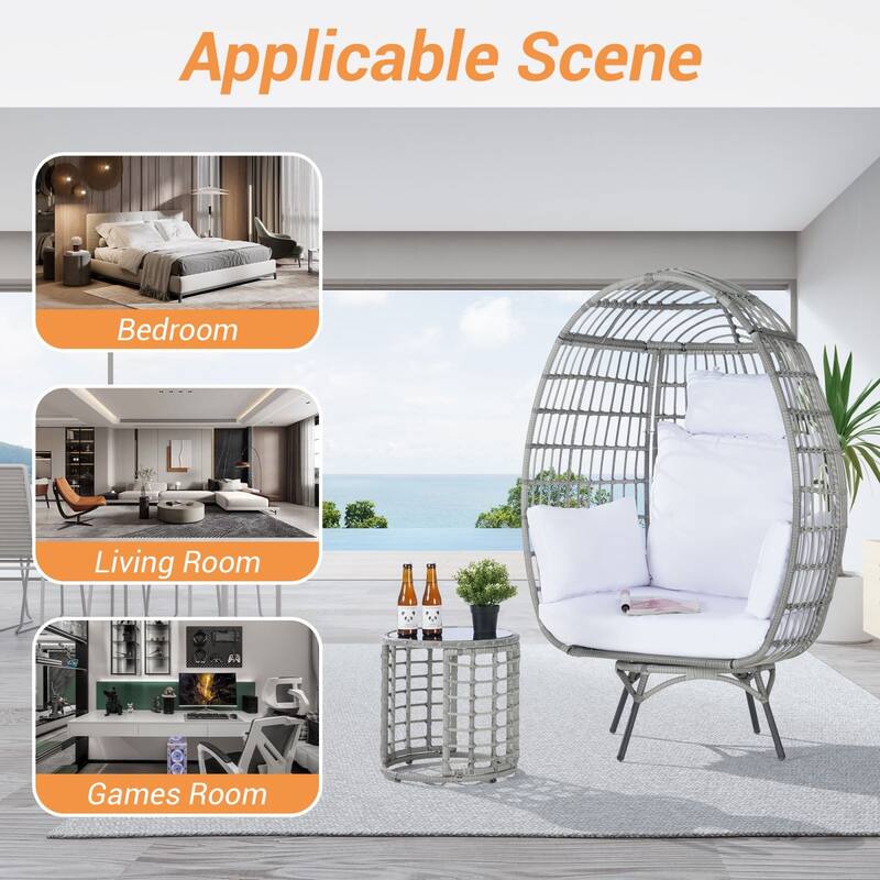 SANSTAR Patio Oversized Swivel Gray Wicker Egg Chair with Cushions On