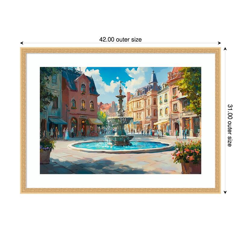 City Gathering Water Fountain by Tradelink inhouse artist Wood Framed Wall Art Print - Bethany Gold - 42 x 31 in