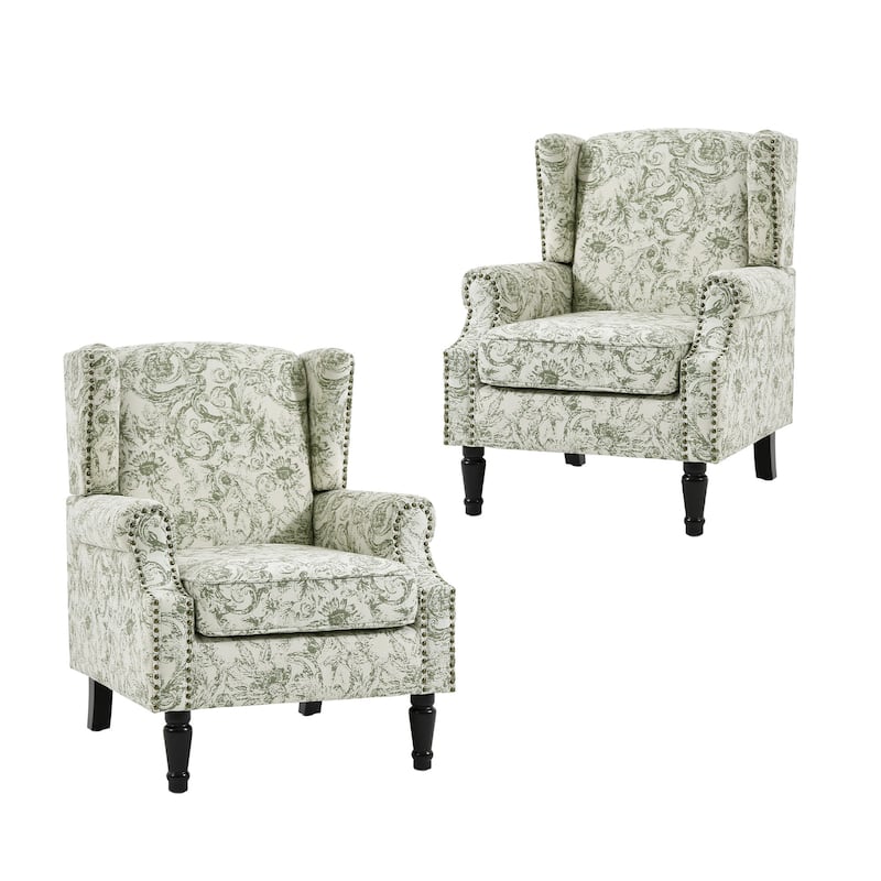 2 Set Transitional Patterned Wingback Accent Chairs with NailHead
