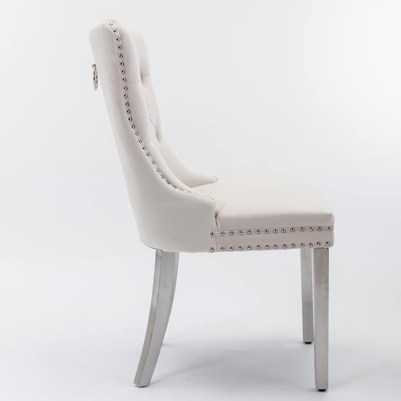 Velvet Fabric Dining Chairs Set of 2, Tufted Upholstered Dining Room Chair with Nailhead Trim & Stainless Steel Legs