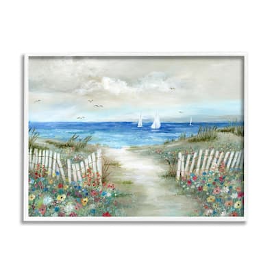 Stupell Tranquil Beachside Flower Meadow Ocean Sailboats Scene Framed Wall Art, Design by Nan