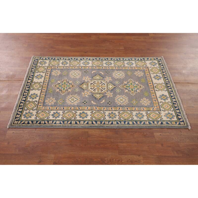 Gray Geometric Kazak Accent Rug Handmade Wool Carpet - 2'8" x 4'2"