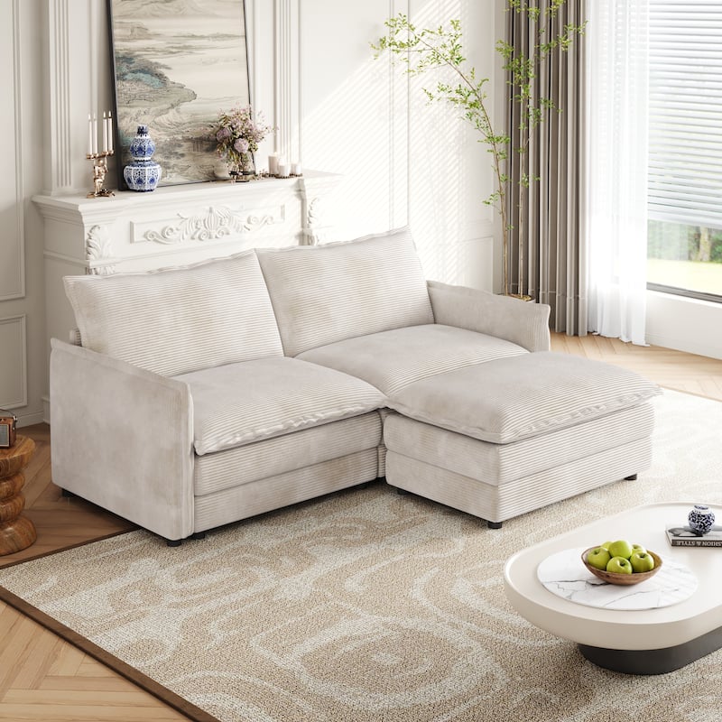75" Corduroy Sectional Sofa with Ottoman, 2-Seater