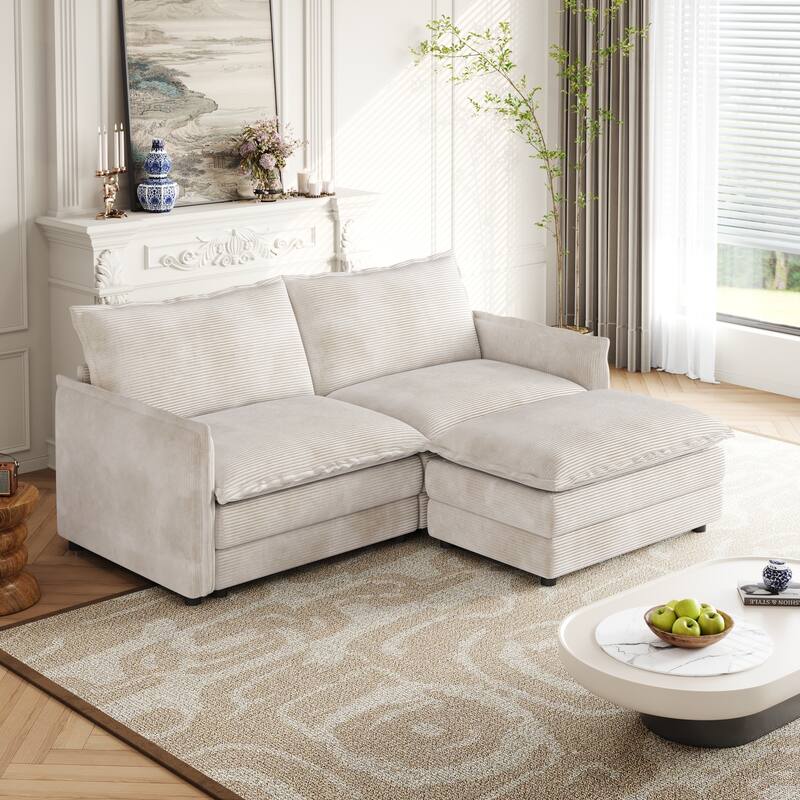 Deep Seating L-shaped Sectional Sofa with Chaise Lounge Modular Sofa Corduroy Upholstered Loveseat with Ottoman and Pillows - Beige