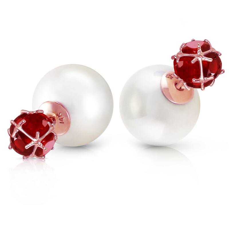 14K Solid Gold Tribal Double Shell Pearls And Rubies Stud Earrings - Rose