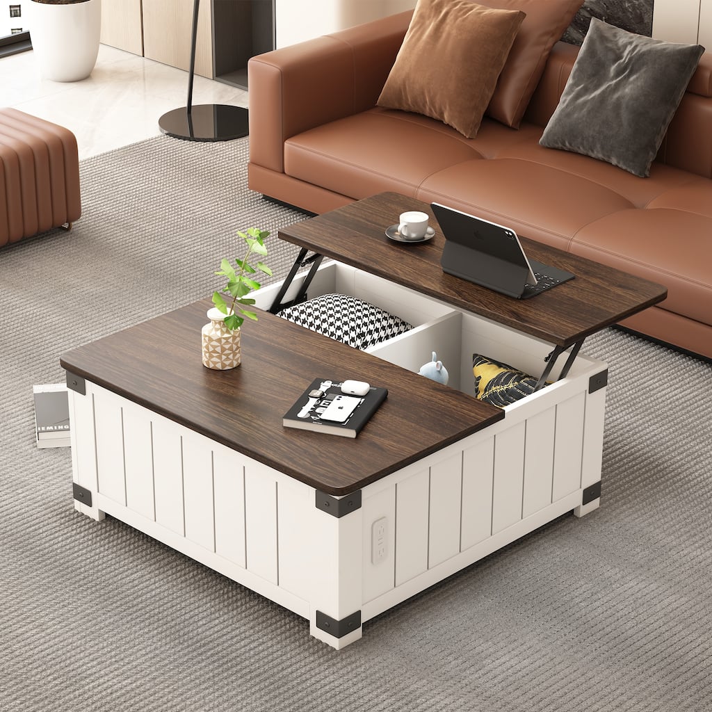 Farmhouse Lift Top Coffee Table with Storage, Wood Square Center Table with Charging Station&USB Ports,Living Room Central Table