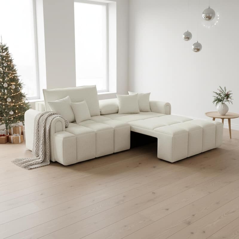 Homy Casa 90.2" 4-Seater Modern Teddy Fabric Convertible 3 in 1 Sofa Bed with Storage, King Size Sleeper Sofa - Beige