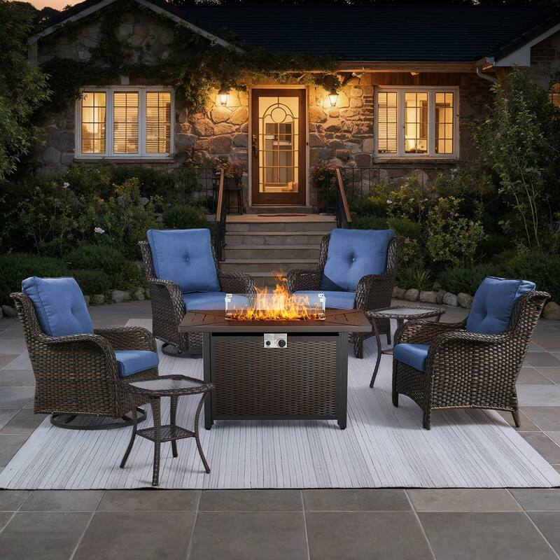 Gymojoy 7-Piece Outdoor Set with Fire Pit Table, Swivel Chairs & Side Tables for Patio - Brown Wicker / Blue Cusion - 7-Piece
