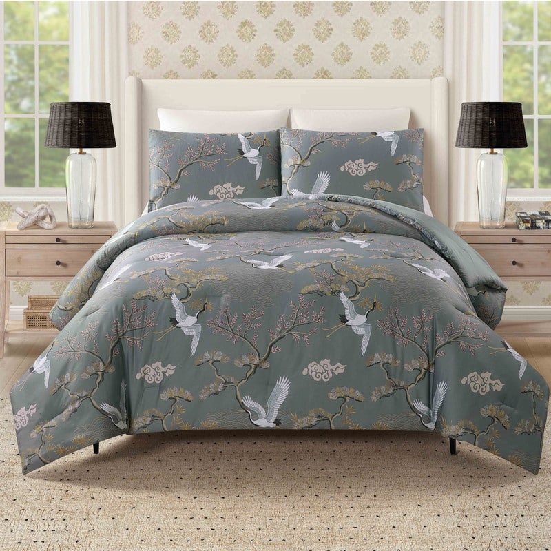 Cranes 3-Piece Cotton Sateen Reversible Comforter Set