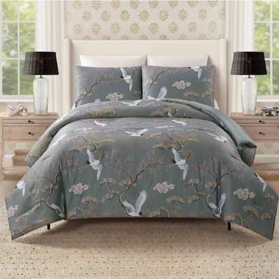 Cranes 3-Piece Cotton Sateen Reversible Comforter Set