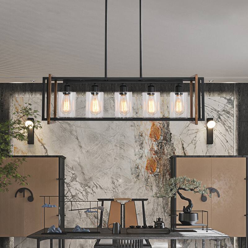 5-Light Rectangle Farmhouse Pendant Light Open Metal Frame with Glass Shade