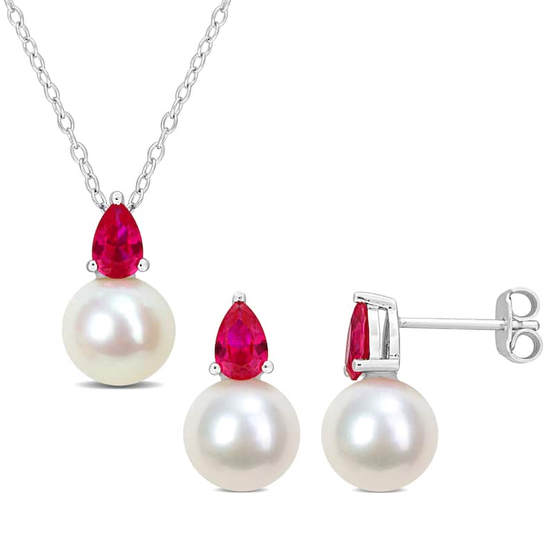 Miadora Cultured Freshwater Pearl 2ct TGW Created Ruby Jewelry Set Sterling Silver