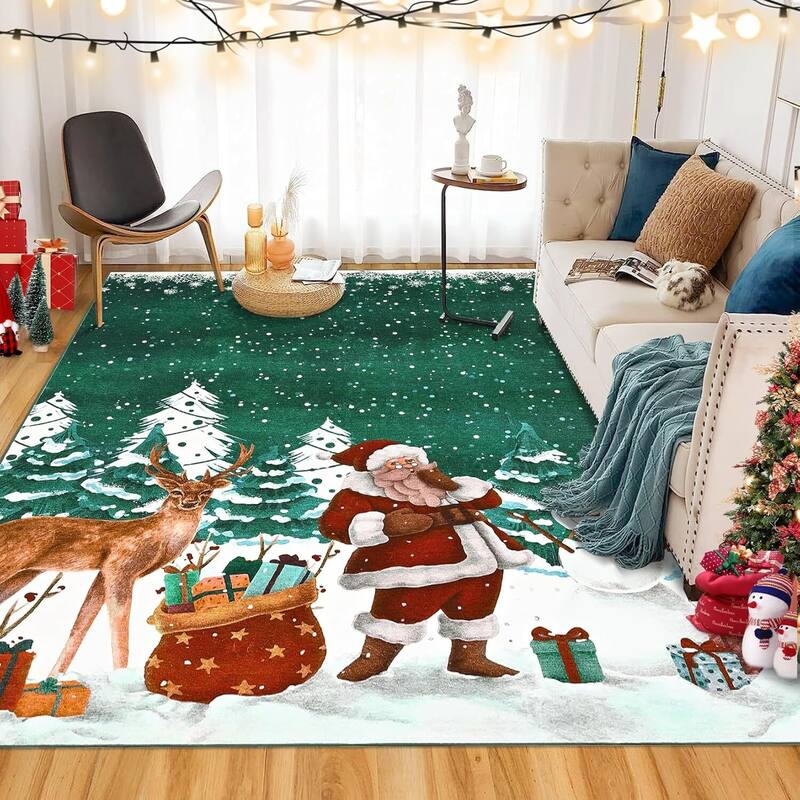 Soft Non-Slip Washable Christmas Santa Claus Area Rugs, Xmas Holiday Decor, Green - 5*7ft