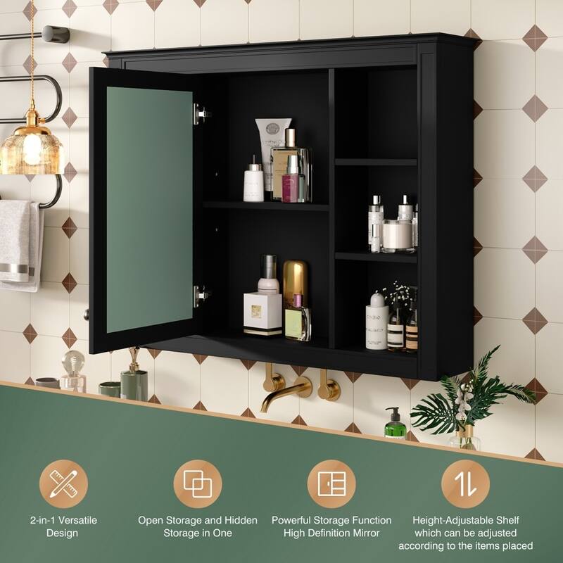 35'' Wall Mounted Bathroom Storage Cabinet with Mirror and 6 Open Shelves