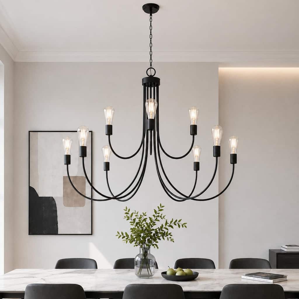 Oriea Farmhouse 9-Light Large Black Chandelier Classic Candle Light for Dining Living Room - D51"*H29.9"