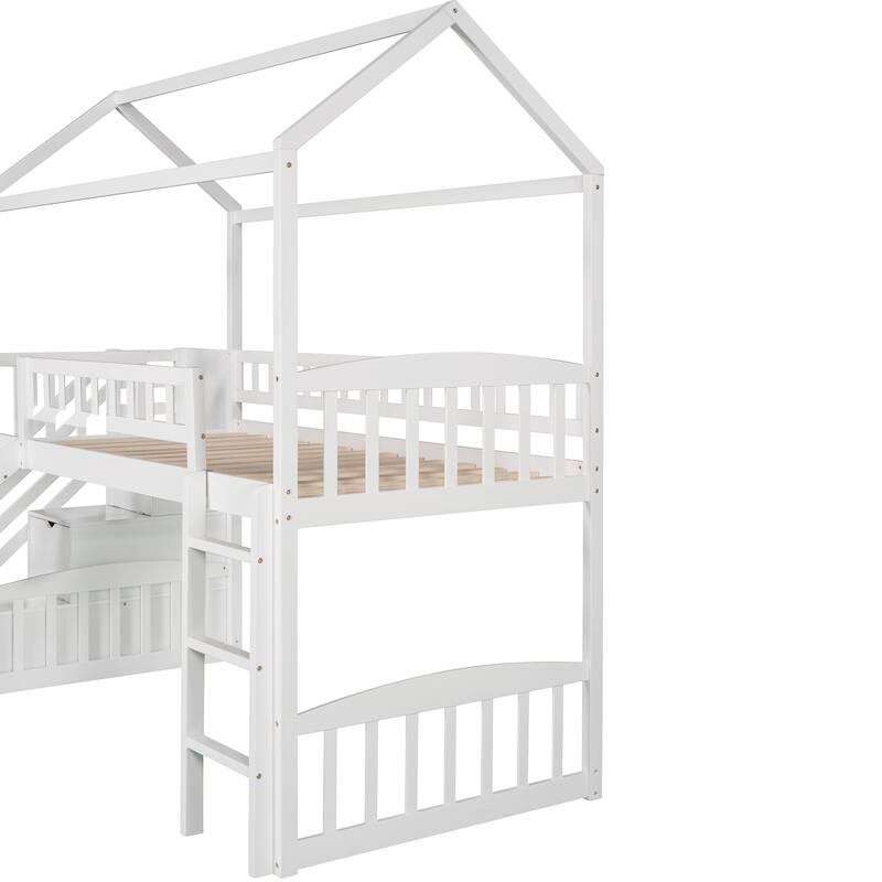 Roomfitters Twin Loft Bed with Slide, Storage Steps and Drawers, House Bed