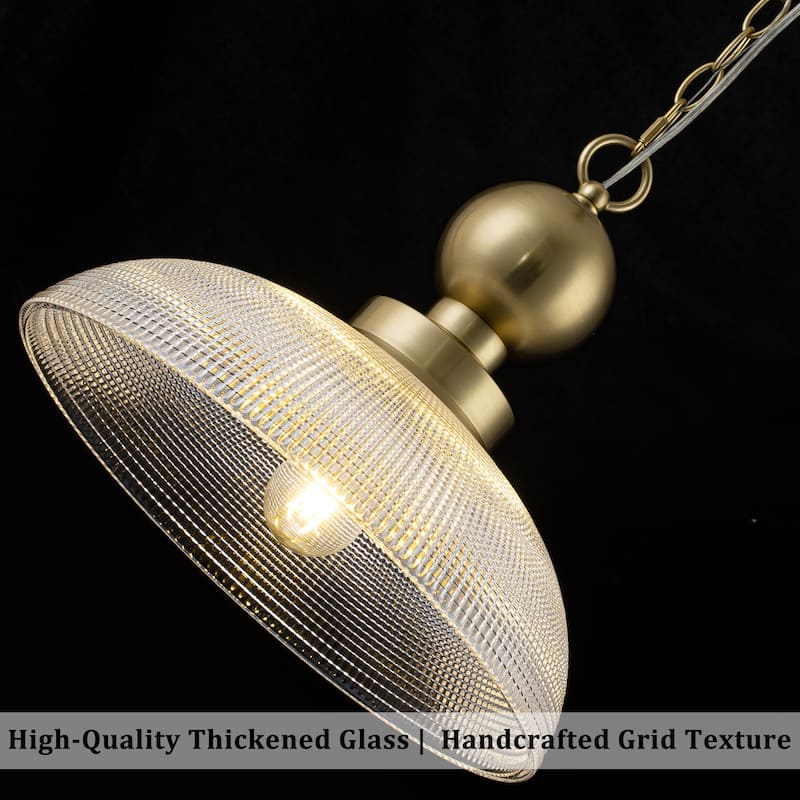 1-Light Gold Pendant Light Shallow Half-Dome Textured Grid Glass Shade - Dia.15.75-in