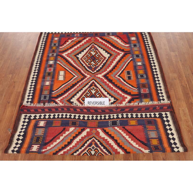Orange Kilim Qashqai Persian Vintage Rug Hand-Woven Wool Carpet - 5'3"x 7'8"
