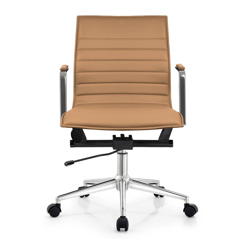 Set of 2 Modern Office Chairs | Upholstered PU Leather Ribbed Mid Back with Metal Frame | Adjustable Height, Tilt Lock