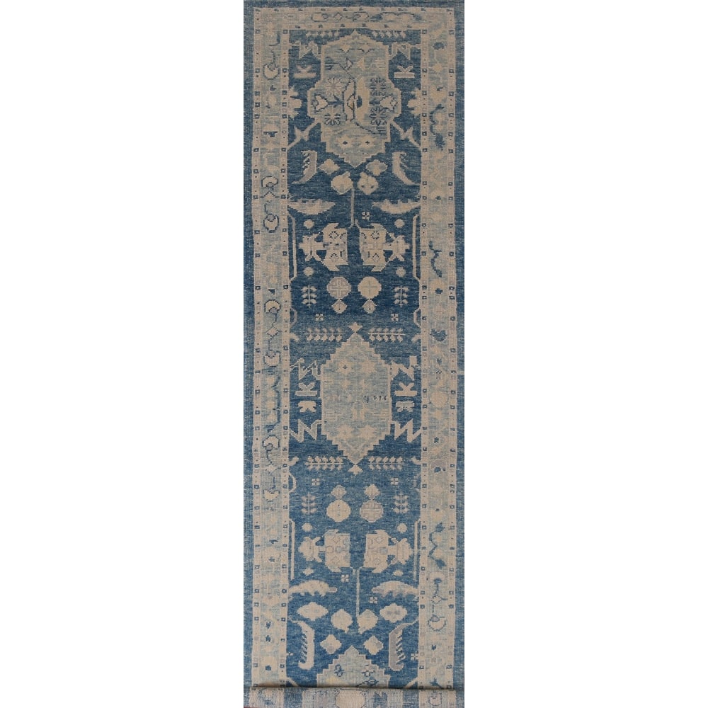 Hand Knotted Oriental 100% Wool Carpet Transitional Geometric Navy Blue & Blues Oushak Runner Rug - 15' 2'' X 2' 10''