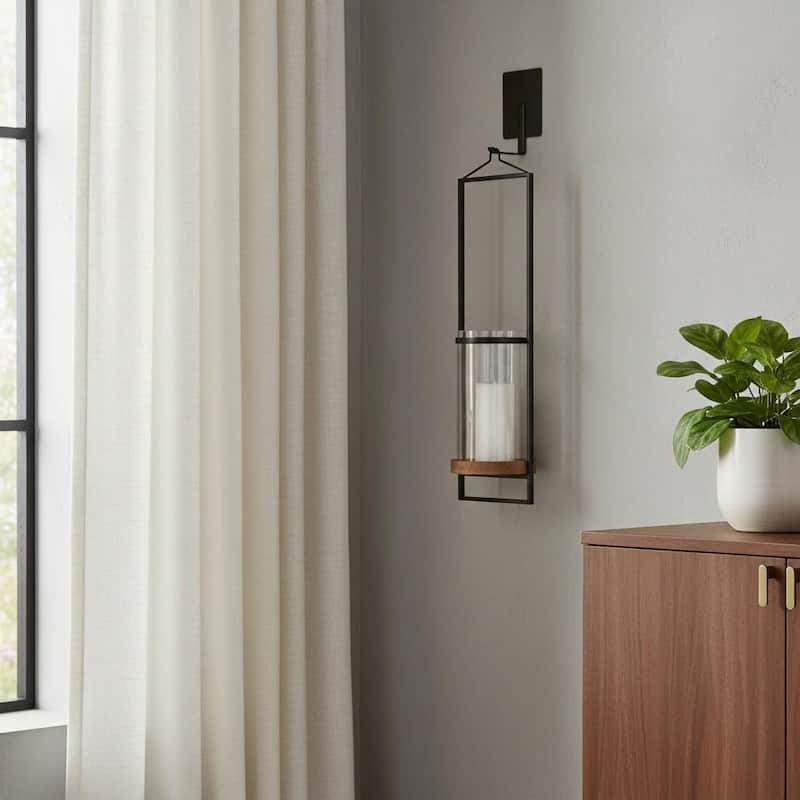 24" Black Distressed Geometric Metal Solid Wood And Glass Wall Sconce Candle Holder - Black