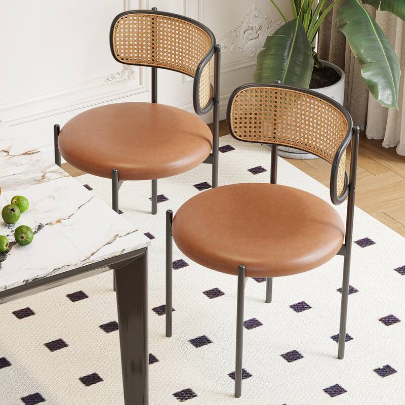 Dining Chairs Set of 4, PU Leather Upholstered Seat with Woven Rattan Back, Sturdy Metal Legs Modern Side Chairs