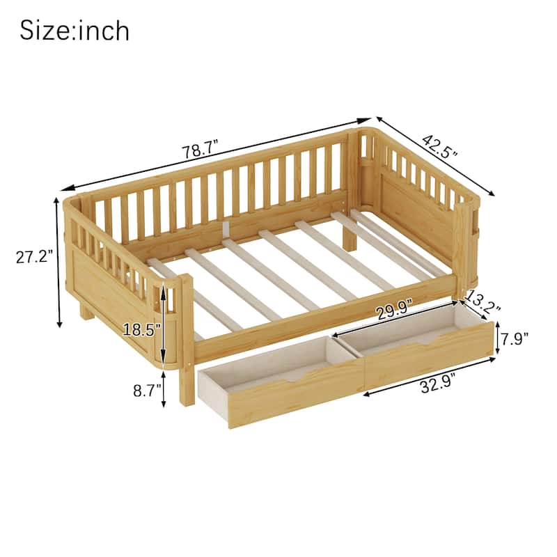 Wooden Kids Bed with 2 Storage Drawers, Guardrails and Removable Side Rail, Rounded Corners Frame Montessori Bed, Toddler Bed
