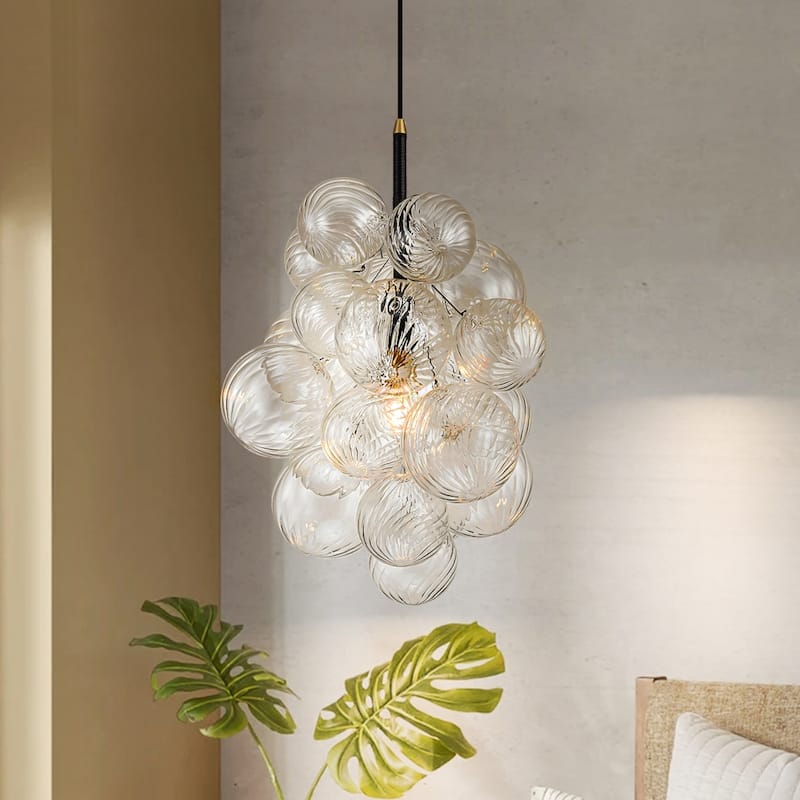 1-Light Modern Cluster Twisted Swirled Clear Glass Globe Bubble Chandelier with 1 Bulb Included - Black
