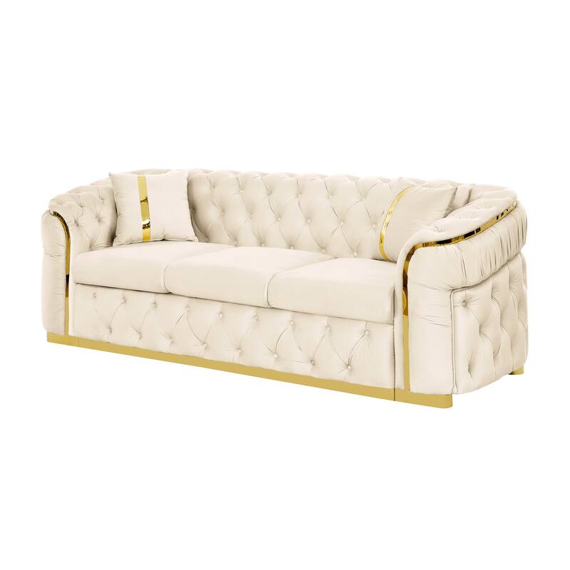 90.6″ Velvet 3-Seater Sofa with 2 Pillows, High-Density Foam & Gold Accents