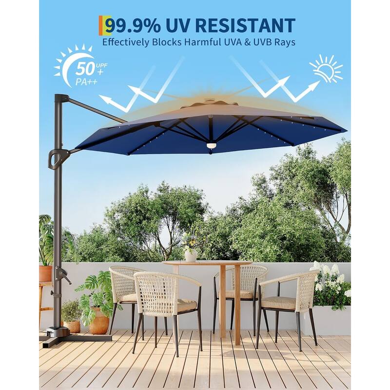 10FT Outdoor Cantilever Umbrella Patio Umbrella Solar LED with Base Included, 360-Degree Rotation