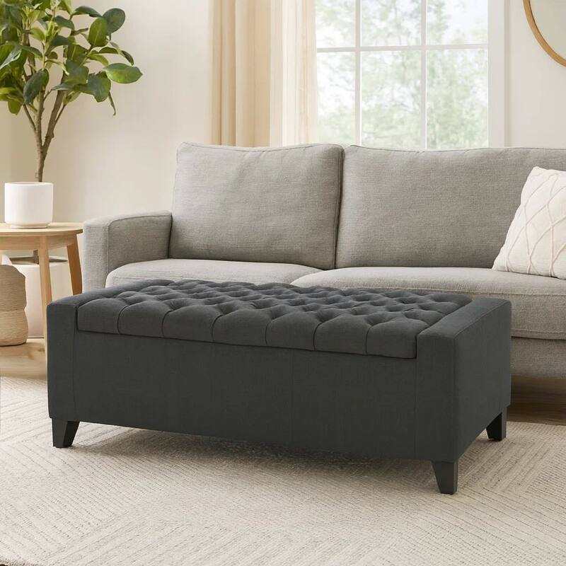 Storage Ottoman Bench, Dark Gray Fabric, Tufted Top, 51 Inch