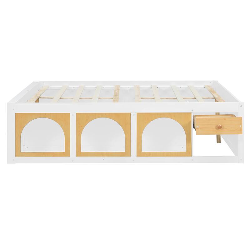 Wooden Platform Bed with Footboard Bookshelf, LED Display Cabinet and Drawer Storage by Harper&Bright Designs