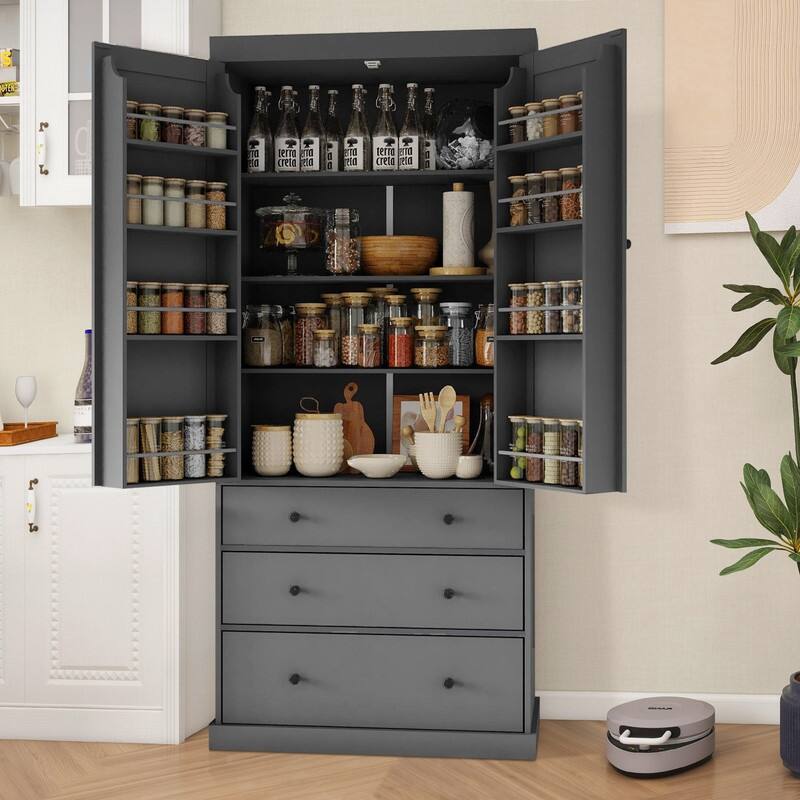 Farmhouse 77" Kitchen Pantry Storage Cabinet with Adjustable Shelves and Multiple Door Shelves