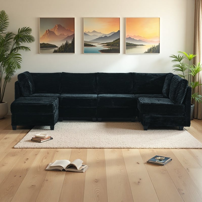 121.6" Corduroy U-Shaped Sectional Sofa with Storage Ottoman and 6-Seat Modular Design - Black