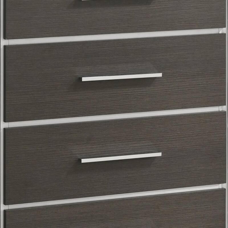 Hez Tall Dresser Chest, 5 Drawers, Silver Trim, Modern Dark Brown Finish
