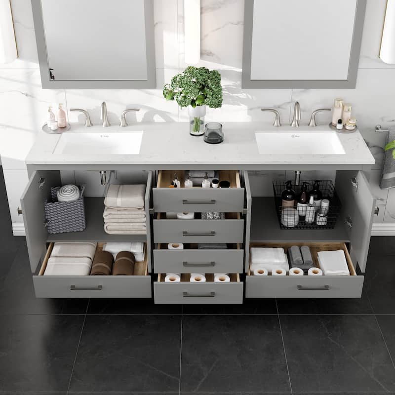 Eviva Aberdeen 78"W x 22"D Gray Double Sink Vanity with White Carrara Quartz Vanity Top and Rectangular Undermount Sinks