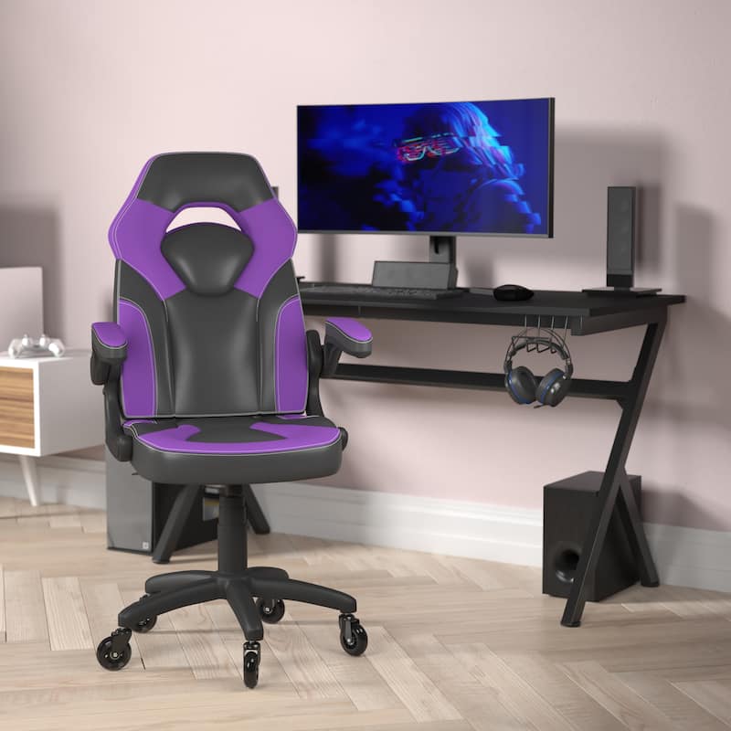 Office Gaming Chair with Skater Wheels & Flip Up Arms - LeatherSoft - Green/Purple