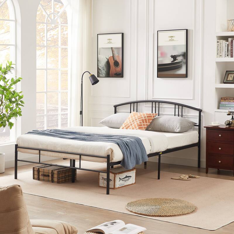 Modern Metal Bed Frames with Curved Headboard, No Box Spring Needed, Black - Full