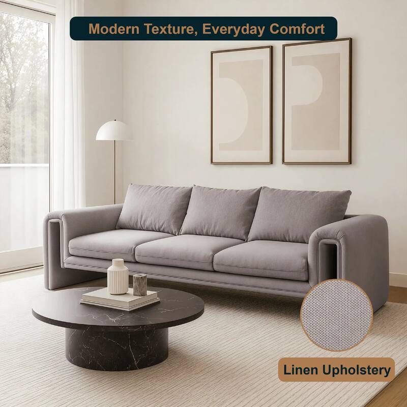 Ely Three-Seater Sofa Upholstered in Linen with Iron Frame and Removable Cushions