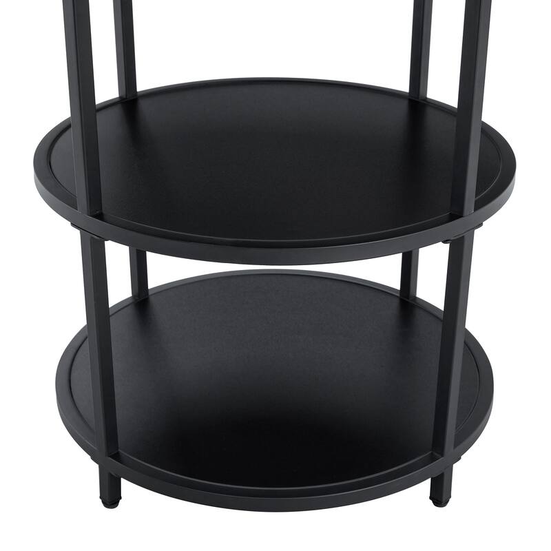 Roomfitters 47 Inch Round Dining Table with Double-Layer Storage and Diagonal Wood Black Top for Modern Spaces, Black+Wood