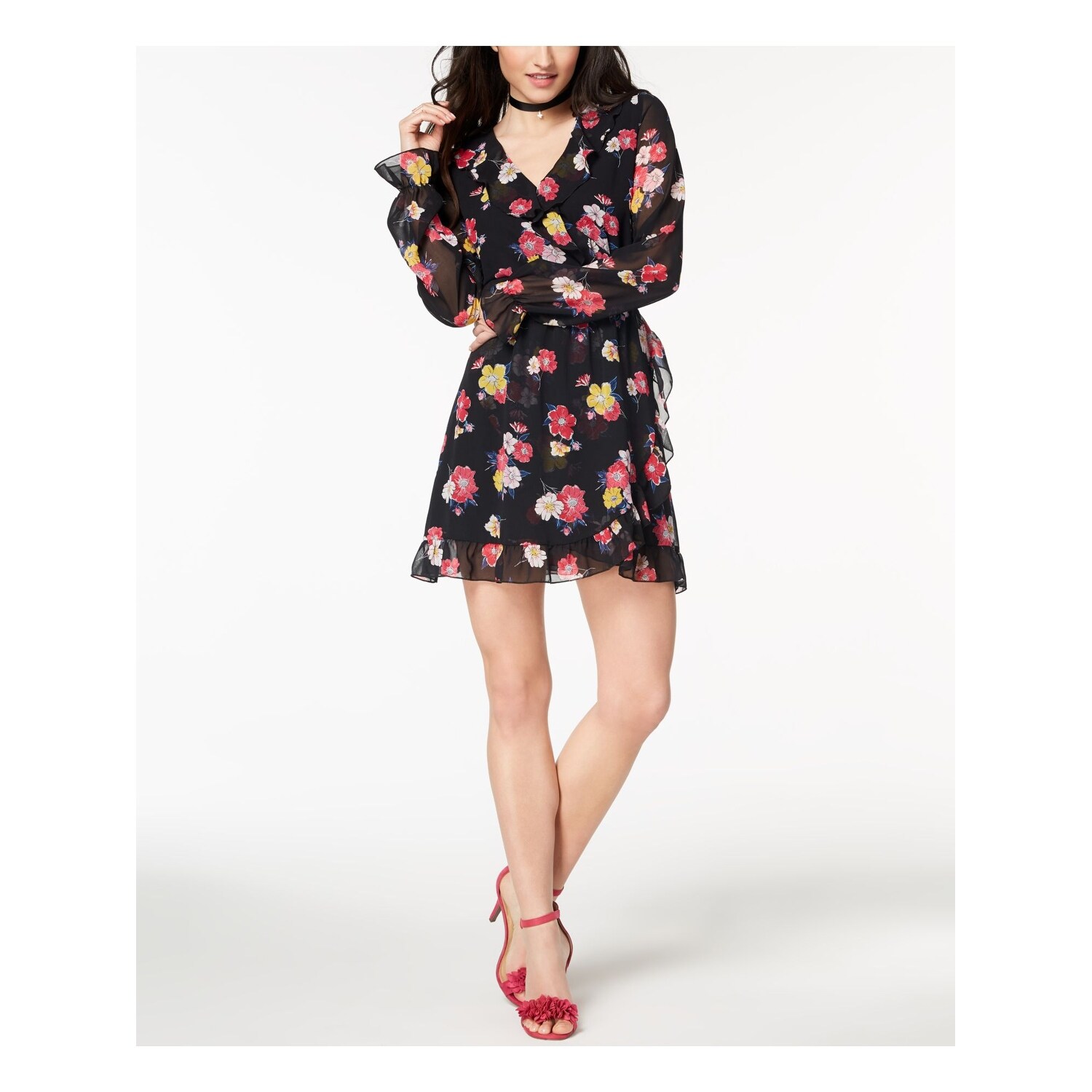 Shop Xoxo Womens Black Ruffled Floral Print Long Sleeve V Neck