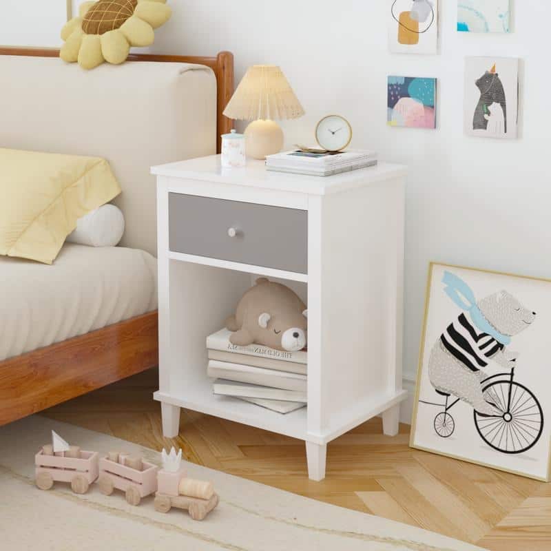26.77''H Wooden Nightstand with One Drawer One Shelf for Kids - White+gray