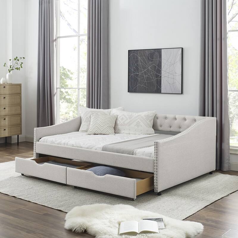Full Size Upholstered Tufted Sofa Bed Daybed w/2 Drawers