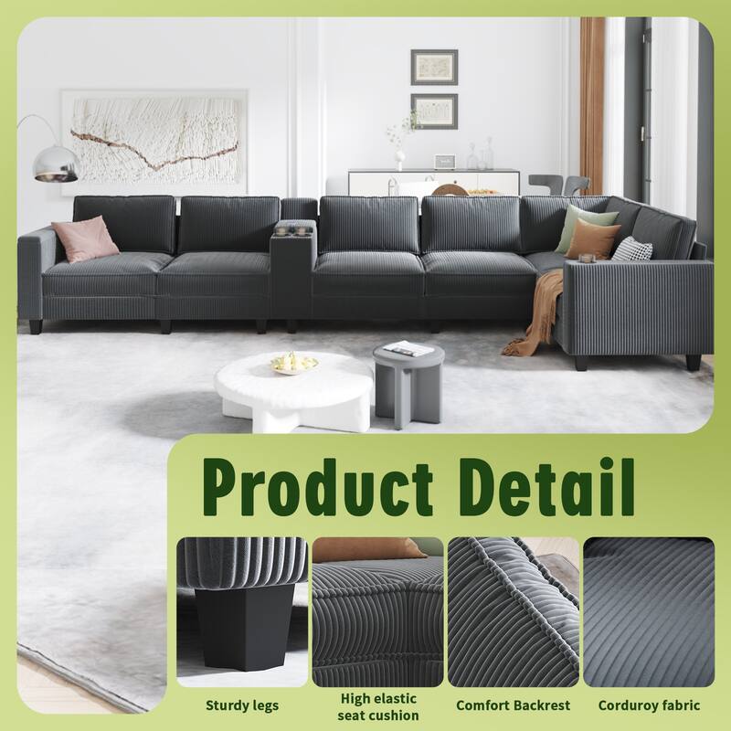 Corduroy L-Shaped Sectional Sofa with USB Charging, Storage & 3 Cup Holders, Reversible Seats