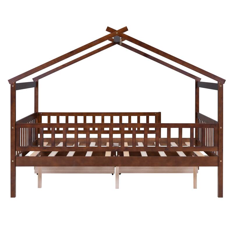 Kids Twin/Full Wooden House Bed with Roof and Storage Drawers, Solid Pine Frame