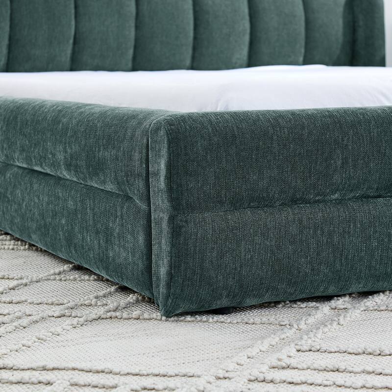 Modern Queen Size Upholstered Platform Bed with Headboard in Blue Chenille Fabric