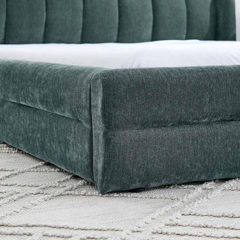 Queen Size Upholstered Platform Bed with Thick Chenille Fabric, Solid Frame & Headboard,Blue+Green